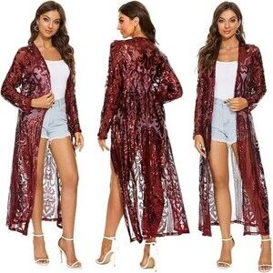 Women Sequin Mesh Front Open Full Long Maxi Duster Burgundy Red Large